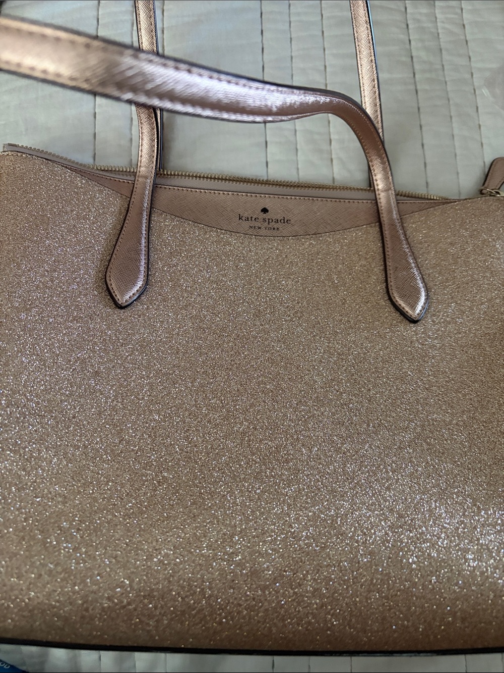 kate spade metallic rose tote with glitter finish NWOT. 10.6” x 14.6” x5.4”
